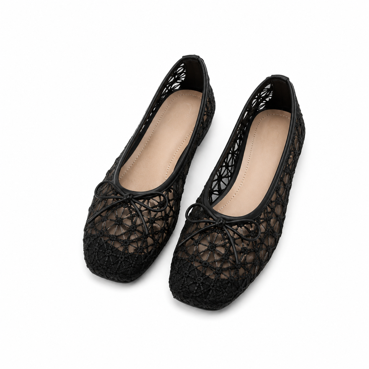 Midnight Lace Ballet Flats – Elegant Mesh Bow Flats