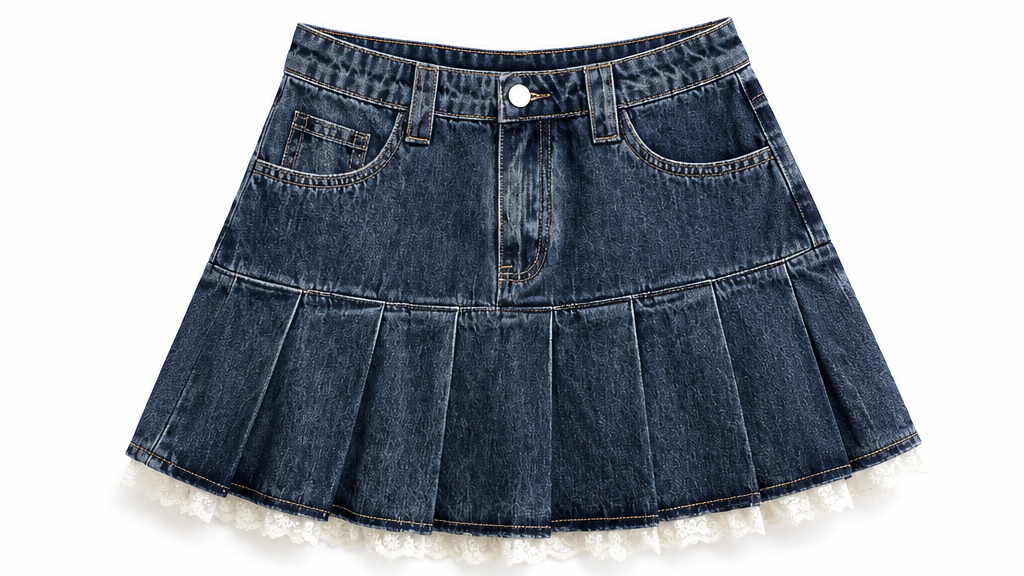 Denim Lace Mini Skirt – Vintage Pleated Denim Skirt
