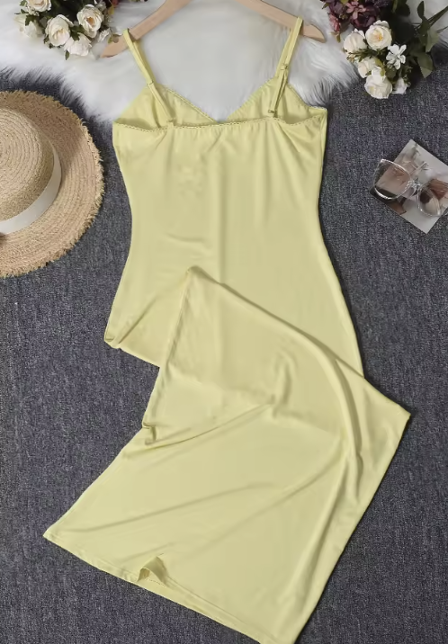 Lemon Glow Satin Maxi Dress