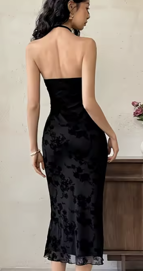 Noir Fleur Halter Midi Dress