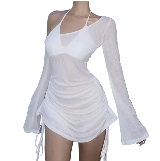 Angel Aura Mini Dress – White Ruched Cut-Out Dress
