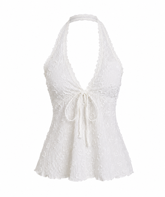Lace Halter Tie Front Top – White