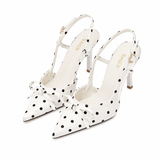 Midnight Polka Dot Heels – Elegant Bow Pointed Toe Sandals