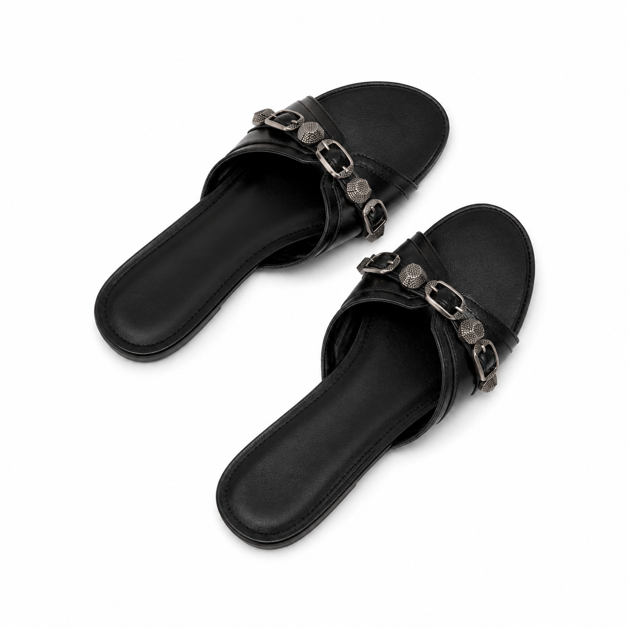 Noir Edge Slide Sandals – Minimal Buckle Detail Flat Slides
