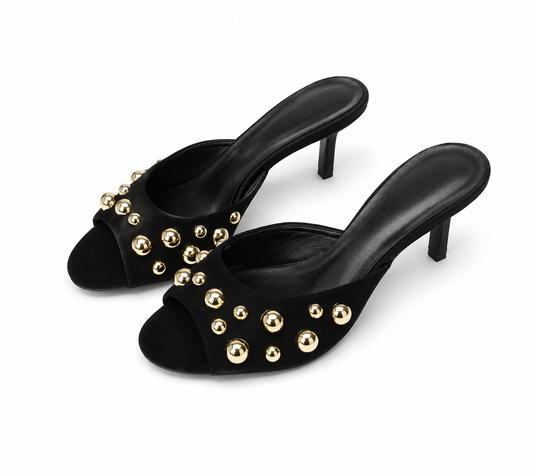 Noir Gold Stud Heels – Luxury Statement Mule Sandals