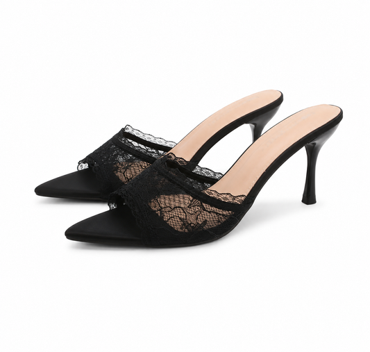 Ivory Lace Heels – Elegant Pointed Toe Lace Mules