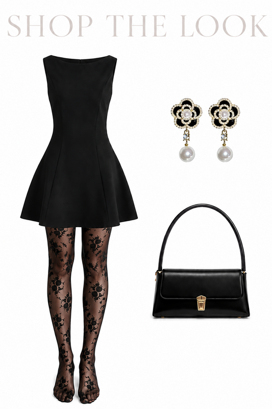 Noir Elegance Set – Black Dress, Floral Tights, Handbag & Earrings Outfit Set