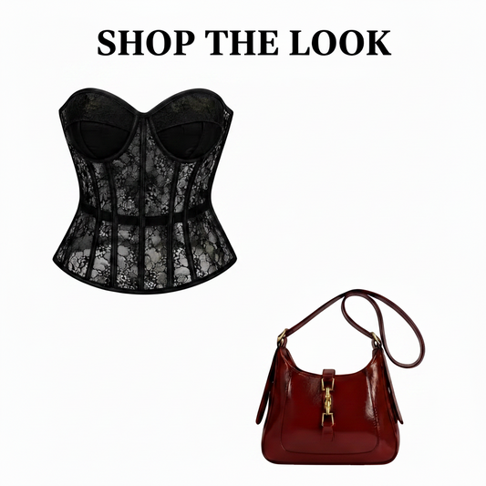 Bordeaux Noir Set – Leather Skirt, Lace Corset & Handbag Outfit Set