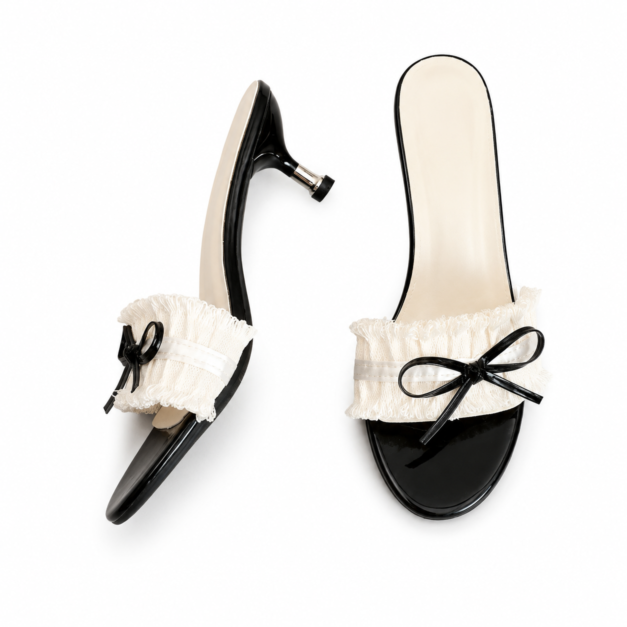Noir Bow Heels – Elegant Contrast Bow Mule Sandals