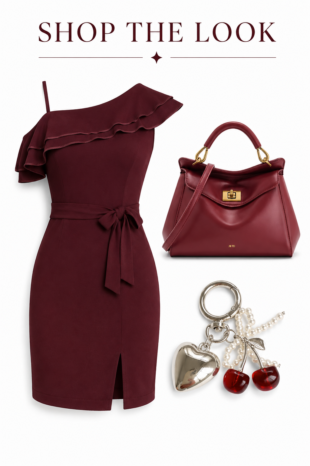 Cherry Lady Set – Burgundy Dress, Cherry Charm & Elegant Handbag Outfit Set