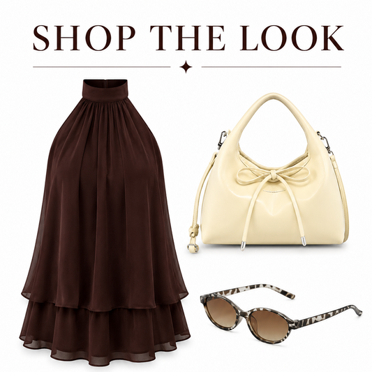 Chocolate Muse Set – Brown Halter Dress, Cream Handbag & Statement Sunglasses Set