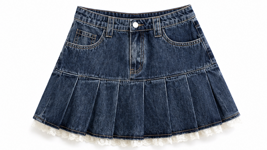 Denim Lace Mini Skirt – Vintage Pleated Denim Skirt