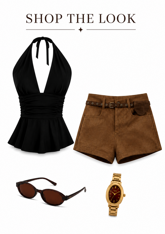Sunset Muse Set – Black Halter Top, Brown Shorts, Sunglasses & Gold Watch Set